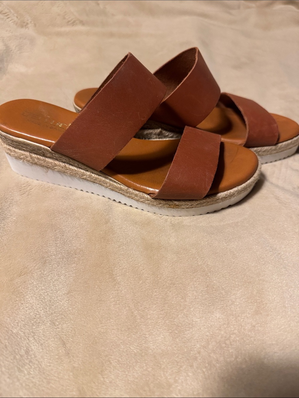 Bertuchi genuine leather Women's Tan Double-Strap Espadrille Wedge Slide Sandals